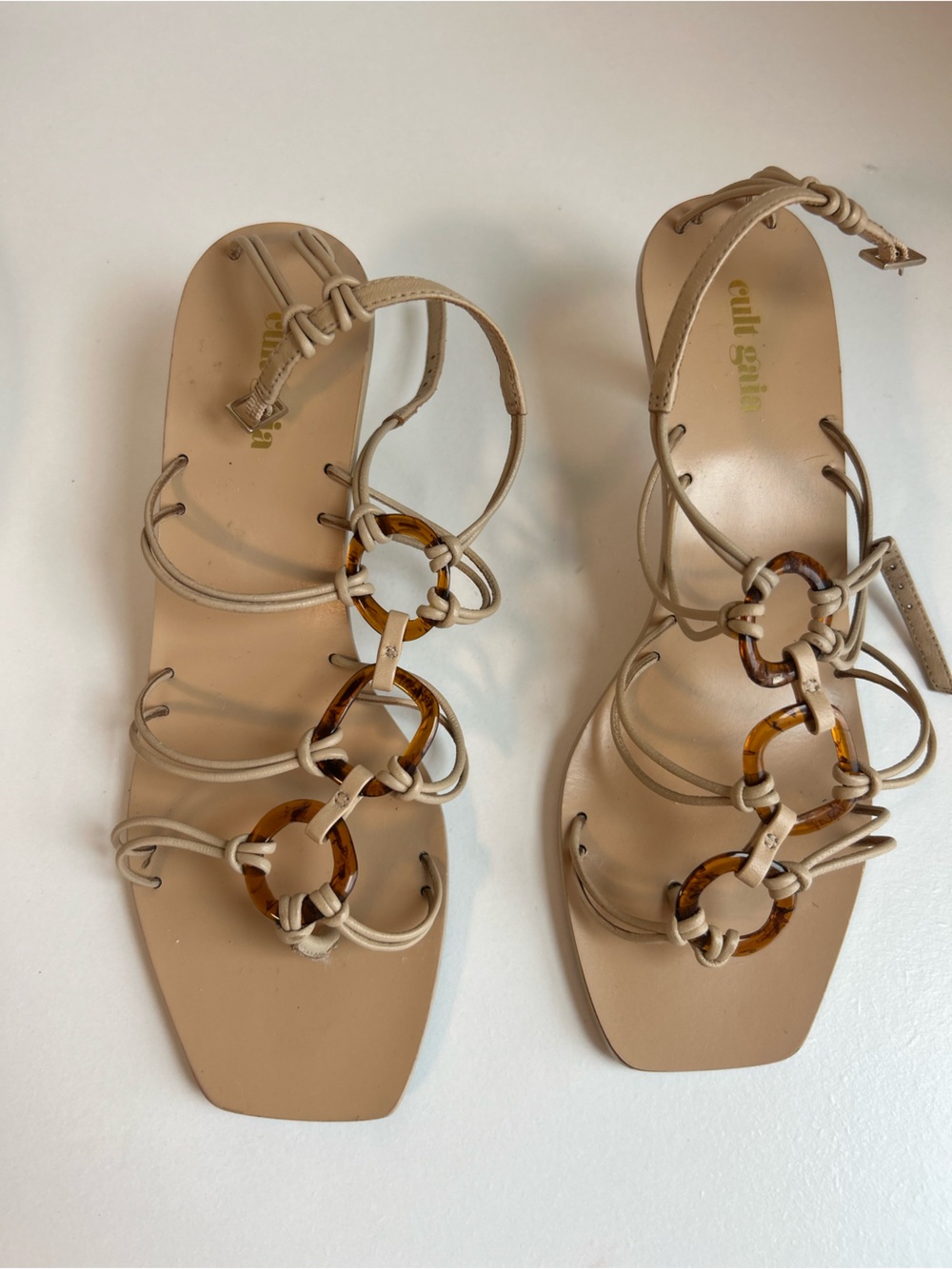 Cult Gaia Bea O-Ring Leather Flat Sandals Beige Tortoise Size 38